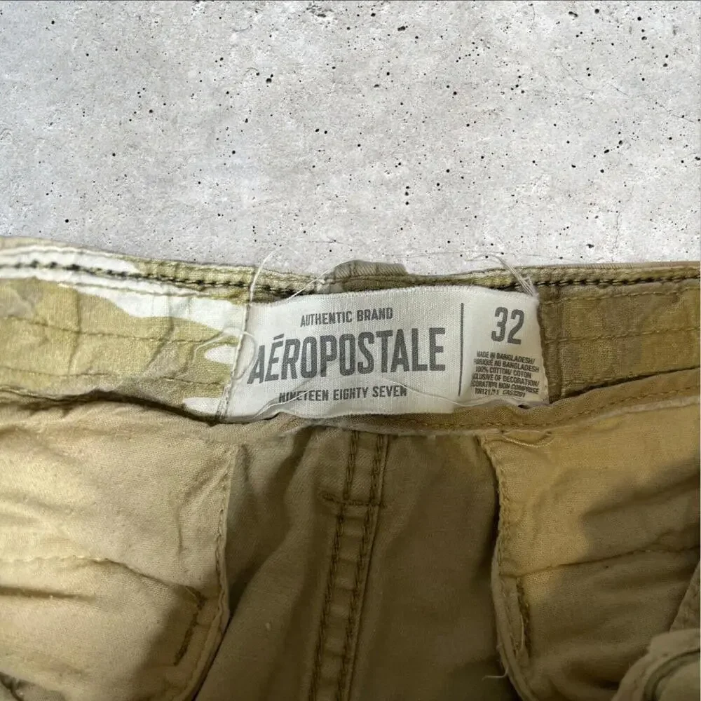 Aeropostale Shorts Mens‎ Beige Khaki Drawstring Flap Cargo Pockets y2k Size 32